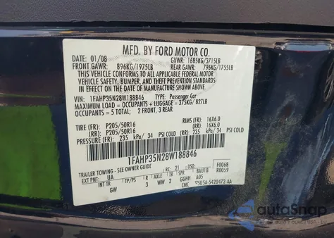 2008 Ford Focus Se/Ses из США, поврежденный, VIN 1FAHP35N28W188846